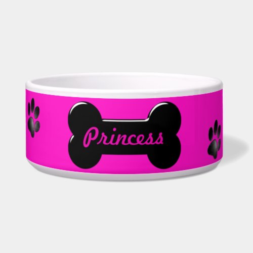 Personalized Pink Black Dog Bone  Paw Prints Bowl