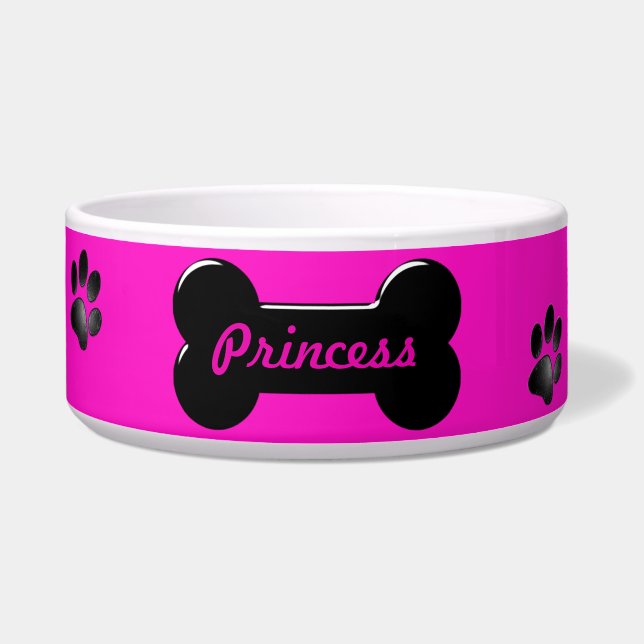 Personalized Pink Black Dog Bone & Paw Prints Bowl (Front)