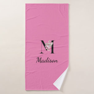 Personalized pink, black elegant monogram  bath towel set