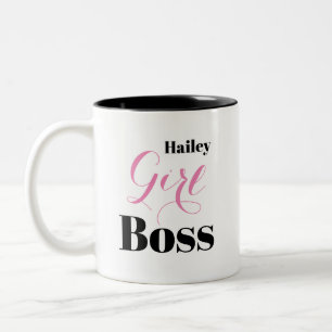 Personalized Pink Black Elegant Script Girl Boss Two-Tone Coffee Mug
