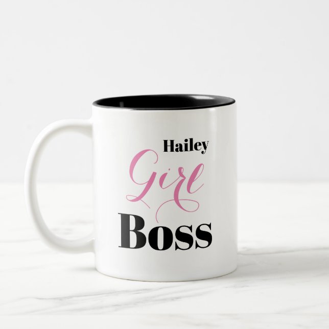 Personalized Pink Black Elegant Script Girl Boss Two-Tone Coffee Mug (Left)