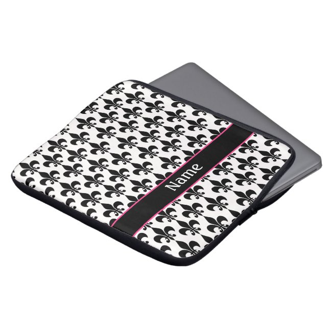 Personalized Pink Black Fleur de Lis Laptop Sleeve (Front Top)