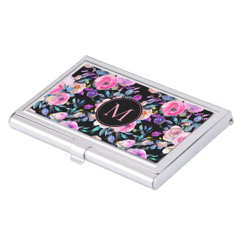 Personalized Pink Black Floral Monogram Business Card Case