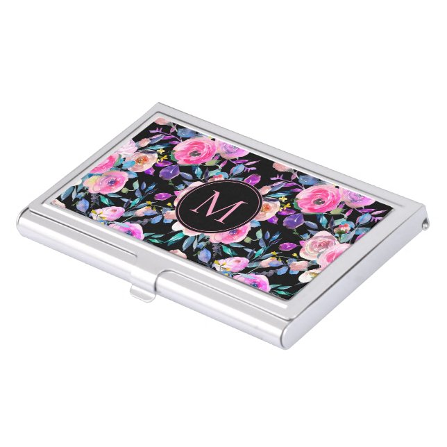 Personalized Pink Black Floral Monogram Business Card Case (Front)