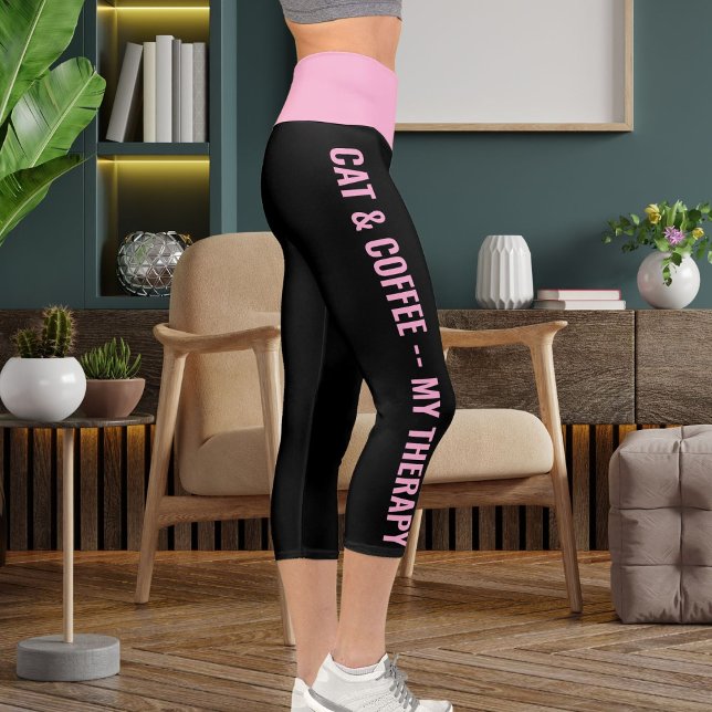 Personalized Pink Black Fun Comic Style Cat Quotes Capri Leggings (Creator Uploaded)