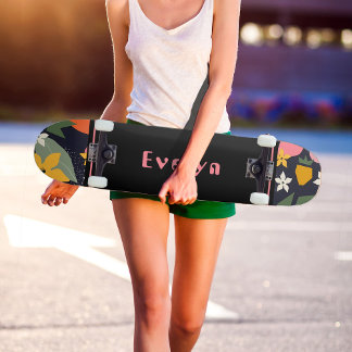 Personalized Pink Black Girly Flower Skateboard