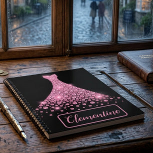 Personalized Pink Black Glitter Gown Sketchbook Notebook