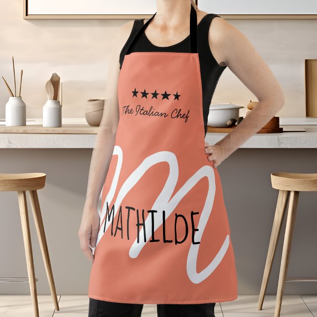 Personalized Pink Black Modern Script Monogram Apron (Personalized Modern Elegant Pink Monogram Chef Apron)