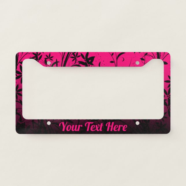Personalized Pink & Black Ombre Floral License Plate Frame (Front)
