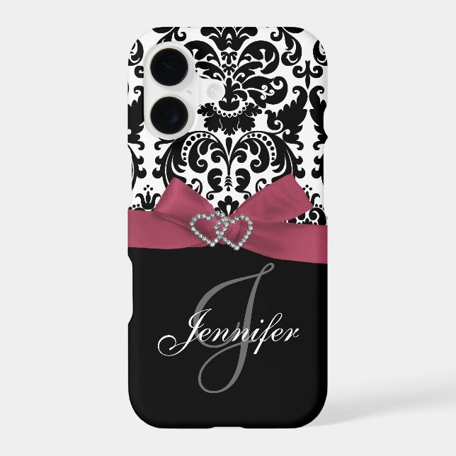 Personalized Pink, Black Ornate Damask Pattern Iphone Case (Back)