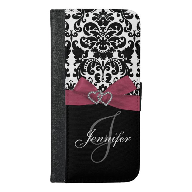 Personalized Pink, Black Ornate Damask Pattern iPhone Wallet Case (Front)