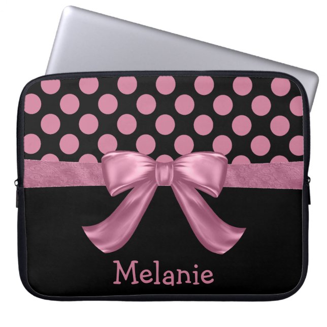Personalized Pink Black Polka Dot Ribbon Bow Laptop Sleeve (Front)