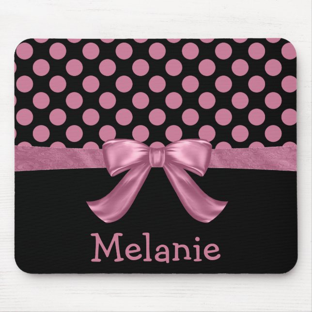 Personalized Pink Black Polka Dot Ribbon Bow Mouse Pad (Front)