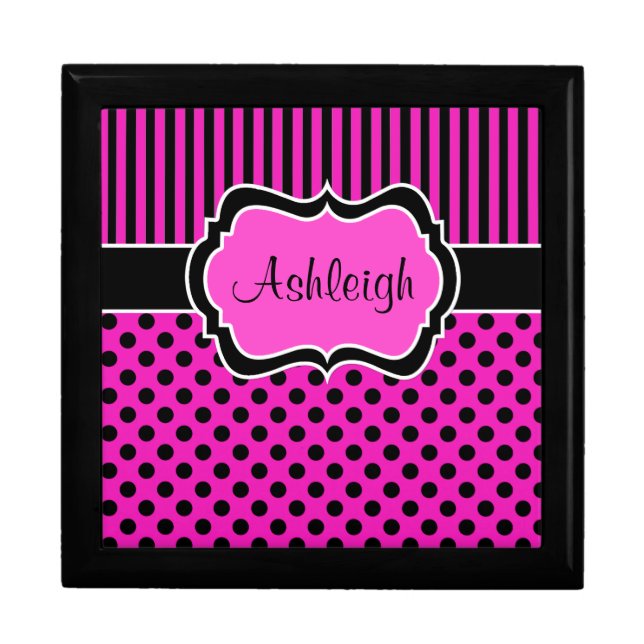 Personalized Pink, Black, Polka Dots Trinket Box (Front)
