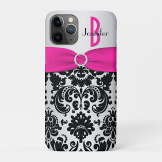 Personalized Pink, Black, Silver Damask iPhone 11 Pro Case
