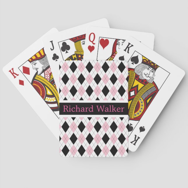 Personalized Pink Black White Argyle Pattern Poker Cards (Back)