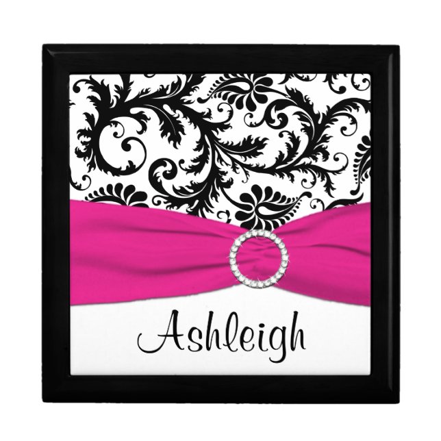 Personalized Pink, Black, White Damask Trinket Box (Front)