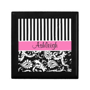 Personalized Pink, Black, White Damask Trinket Box