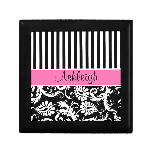 Personalized Pink, Black, White Damask Trinket Box (Front)