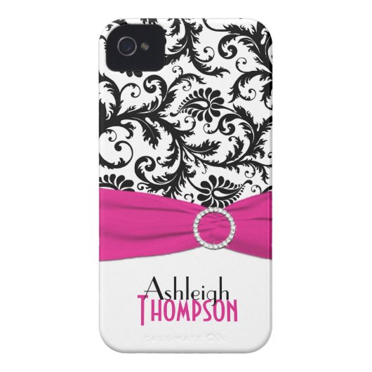 Personalized Pink, Black, White Floral Damask Case-Mate iPhone Case (Back)