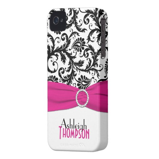 Personalized Pink, Black, White Floral Damask Case-Mate iPhone Case (Back Left)