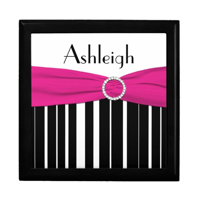 Personalized Pink, Black, White Stripe Trinket Box (Front)