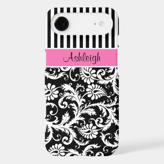 Personalized Pink, Black, White Striped Damask Case-Mate iPhone Case (Back)