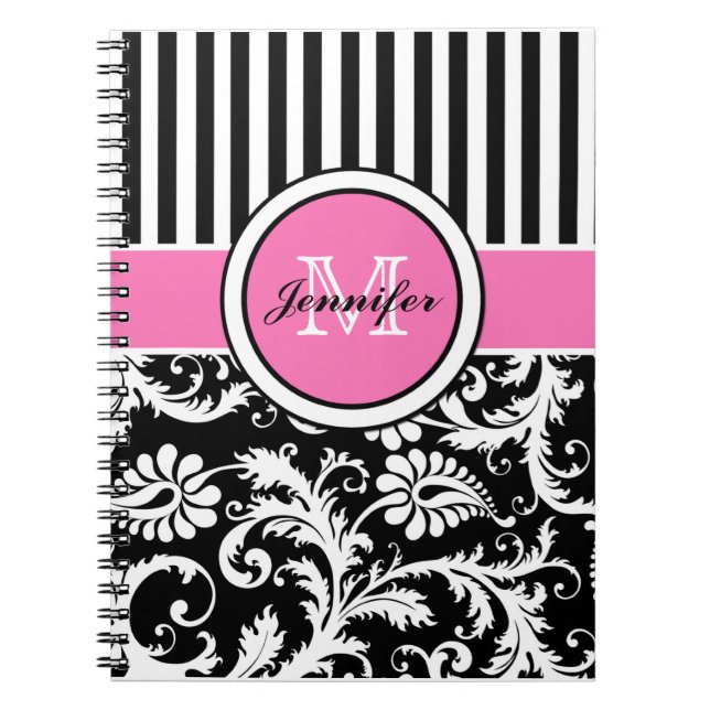 Personalized Pink Black White Striped Damask Notebook (Front)