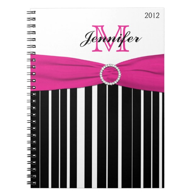 Personalized Pink Black White Striped Notebook (Front)