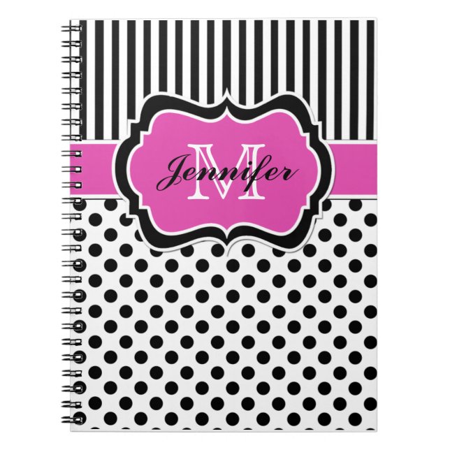 Personalized Pink Black White Striped Polka Dots Notebook (Front)