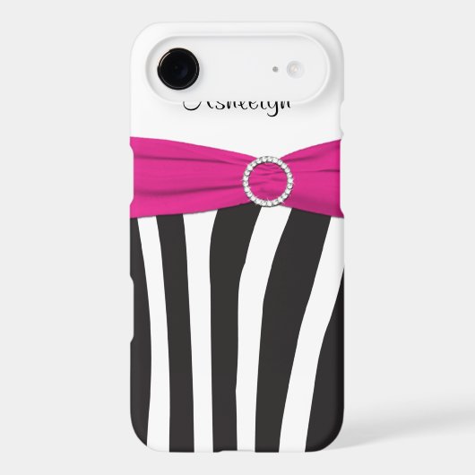 Personalized Pink, Black, White Zebra Striped Case-Mate iPhone Case (Back)