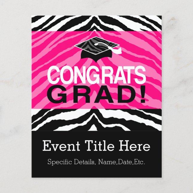 Personalized Pink Black Zebra Graduation Party Flyer (Front)