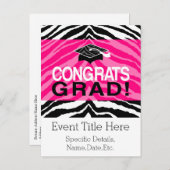Personalized Pink Black Zebra Graduation Party Invitation Postcard (Front/Back)