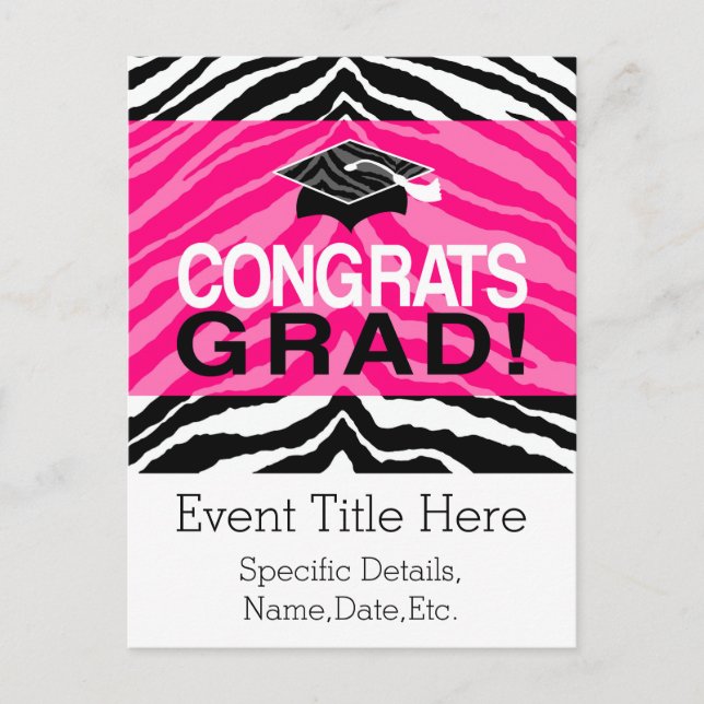 Personalized Pink Black Zebra Graduation Party Invitation Postcard (Front)