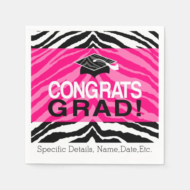Personalized Pink Black Zebra Graduation Party Paper Napkins (Front)