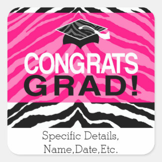Personalized Pink Black Zebra Graduation Party Square Sticker