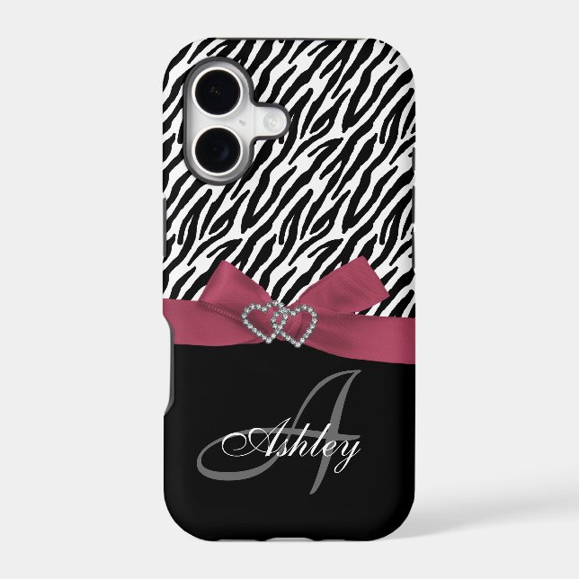 Personalized Pink, Black Zebra Stripes Monogram Iphone Case (Back)
