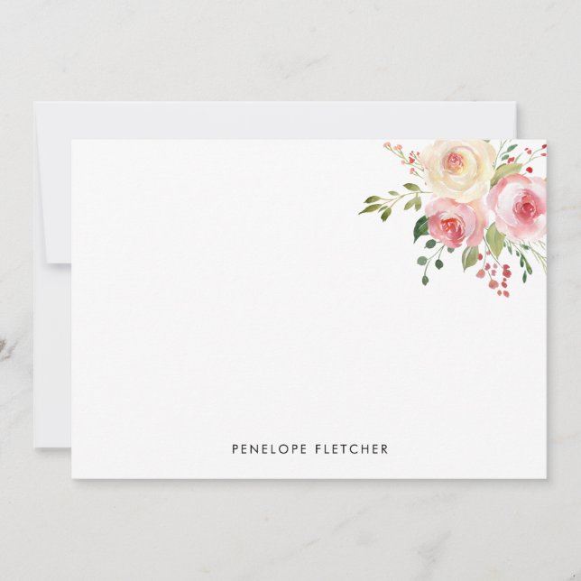 Personalized Pink Blooms Modern Watercolor Floral Note Card (Front)