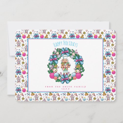 Personalized Pink Blue Christmas Nutcracker Wreath Holiday Card