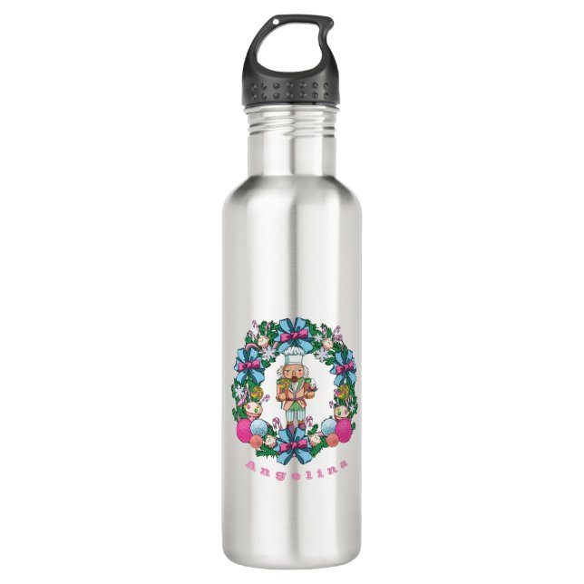 Personalized Pink Blue Christmas Nutcracker Wreath Stainless Steel Water Bottle (Front)