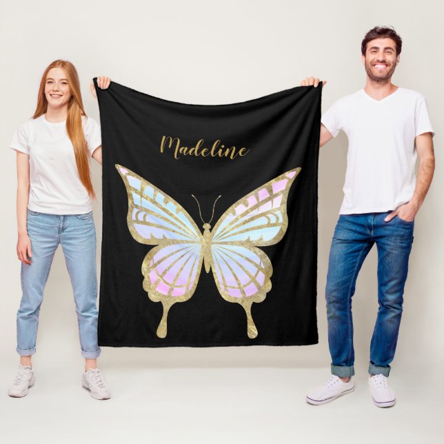 Personalized Pink, Blue & Gold Butterfly Fleece Blanket (In Situ)