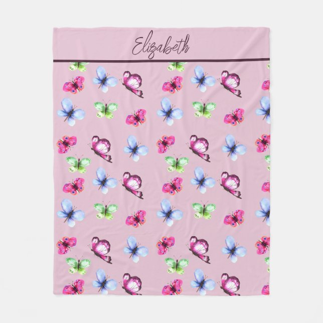 Personalized Pink Blue Green Magenta Butterfly Fleece Blanket (Front)