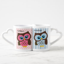 Personalized Pink & Blue Owl Heart Lovers Mug Set