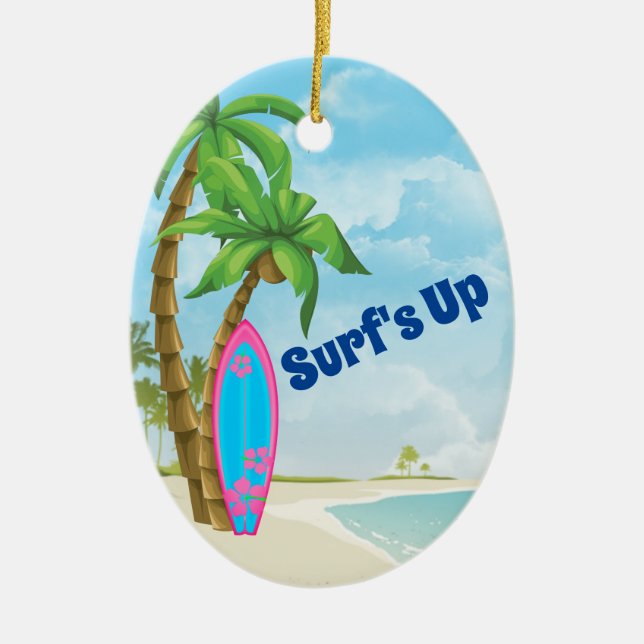 Personalized Pink Blue Surfboard Surfing Christmas Ceramic Ornament (Front)