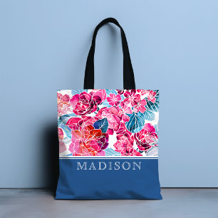 Personalized Pink Blue Watercolor Floral Name Gift Tote Bag