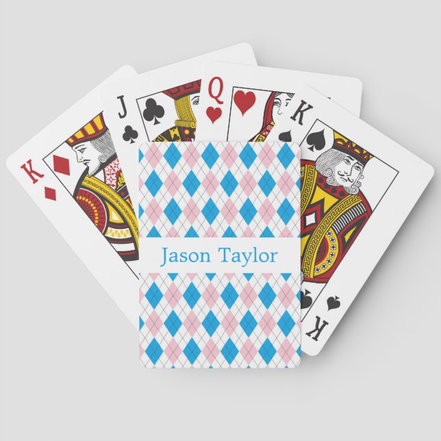Personalized Pink Blue White Argyle Pattern Poker Cards (Back)