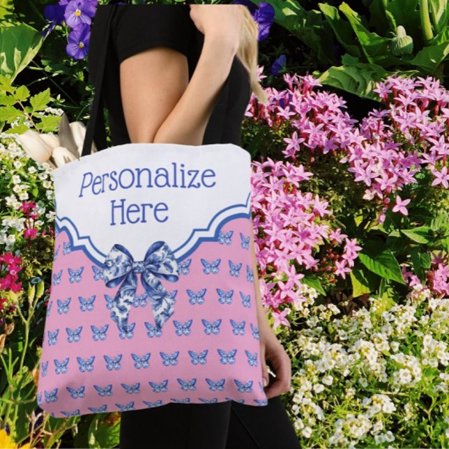 Personalized Pink Blue White Butterfly Tote Bag (Lovely Mothers Day gift!)