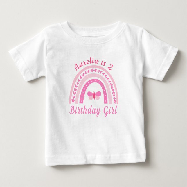 Personalized Pink Boho Rainbow Birthday Name & Age Baby T-Shirt (Front)