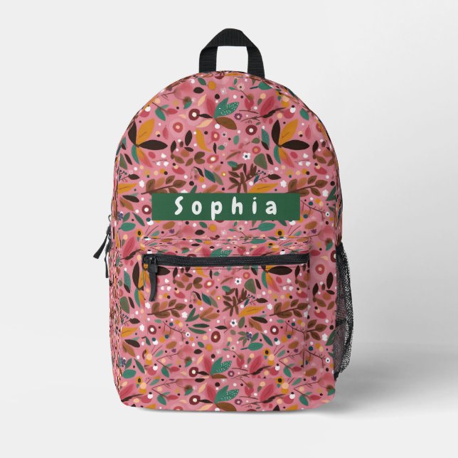 Personalized Pink Botanical Backpack for Girls (Front)