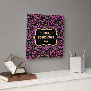 Personalized Pink Botanical Family name design Square Wall Clock